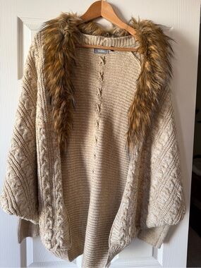 Neiman Marcus Faux Fur Cable Knit Oversized Cocoon Cardigan - Tan